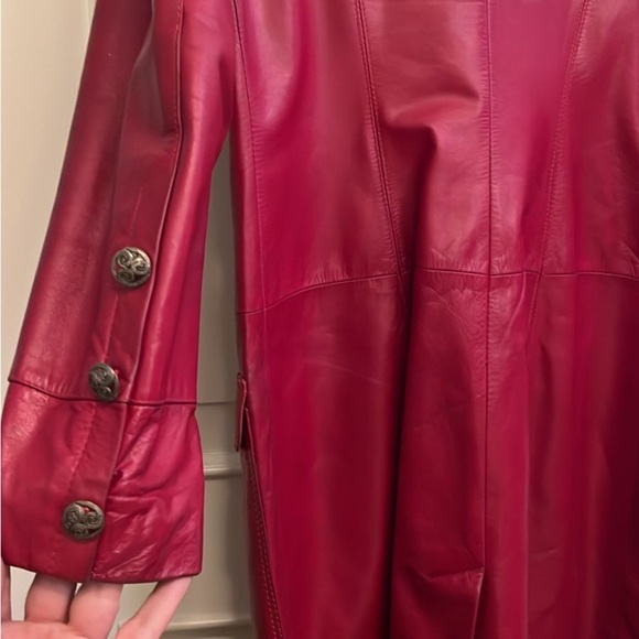 VINTAGE Y2K Women's Red genuine Leather Trench Coat mid length size M - Picture 6 of 11